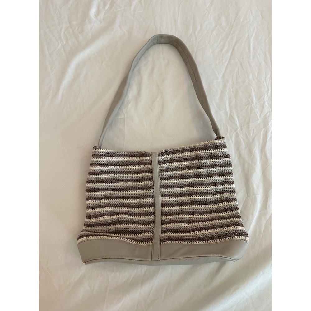 The Sak Crochet Leather Striped Shoulder Bag‎ Neutral Tightweave Hobo Purse